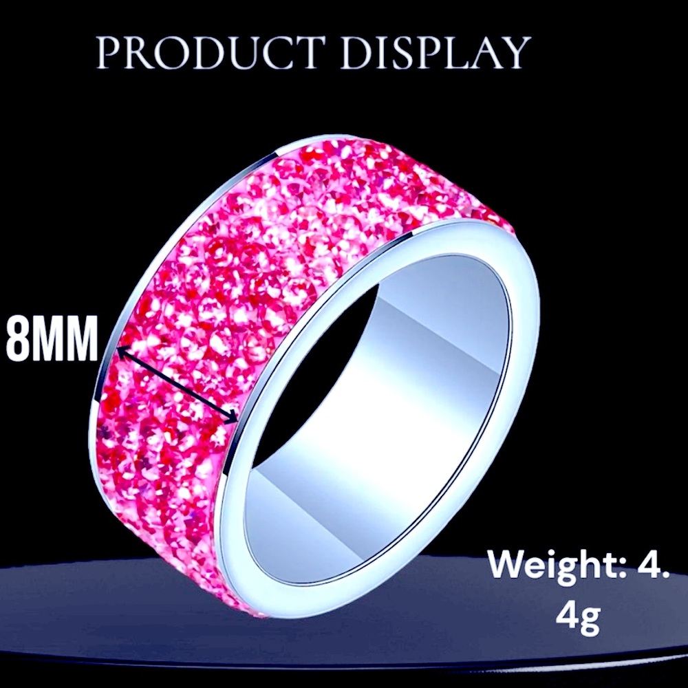 Stainless Steel 5 Rows of Rose Pink AAA Crystal Wedding Ring Jewelry NWT